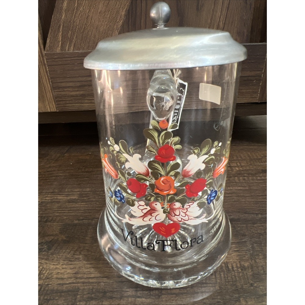 Vintage Joska German Crystal Beer Stein Pewter Lid Mug Villa Flora NWT 1986